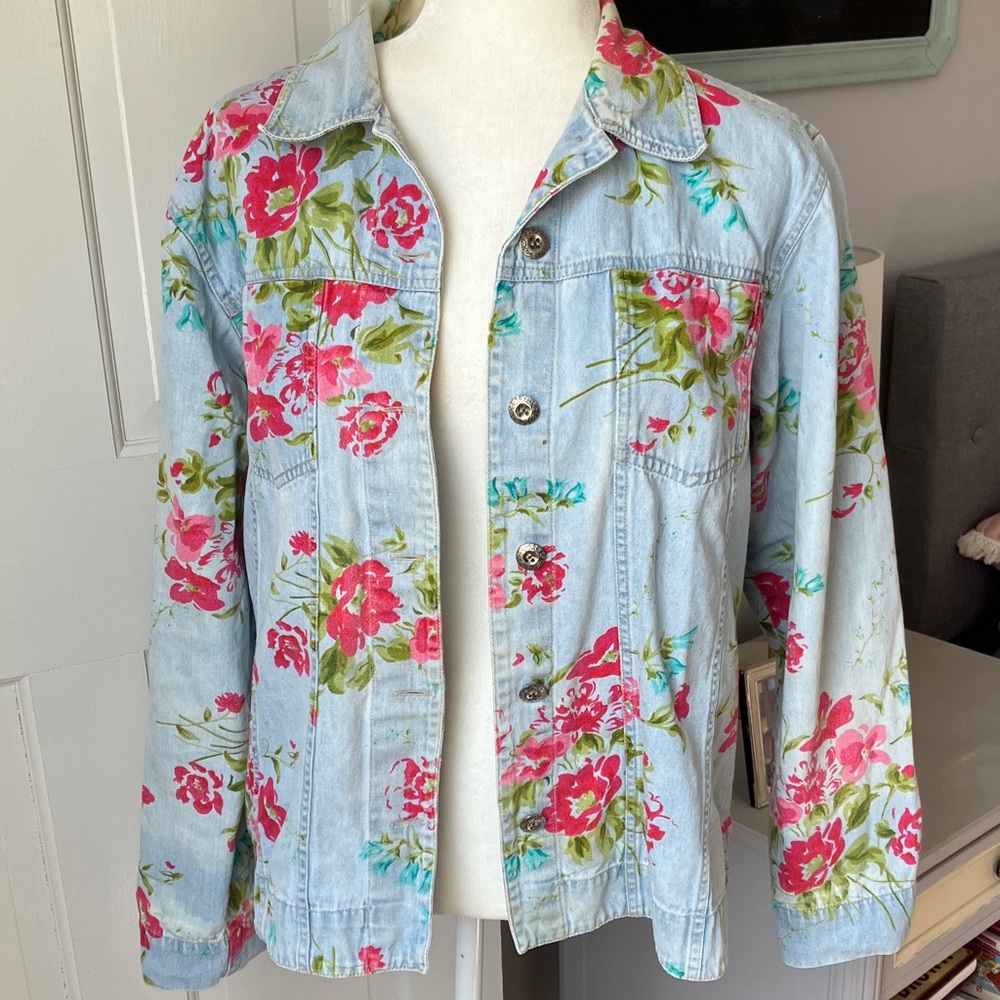 Vintage Blassport 80s 90s cottagecore granny floral denim shirt jacket flaws L